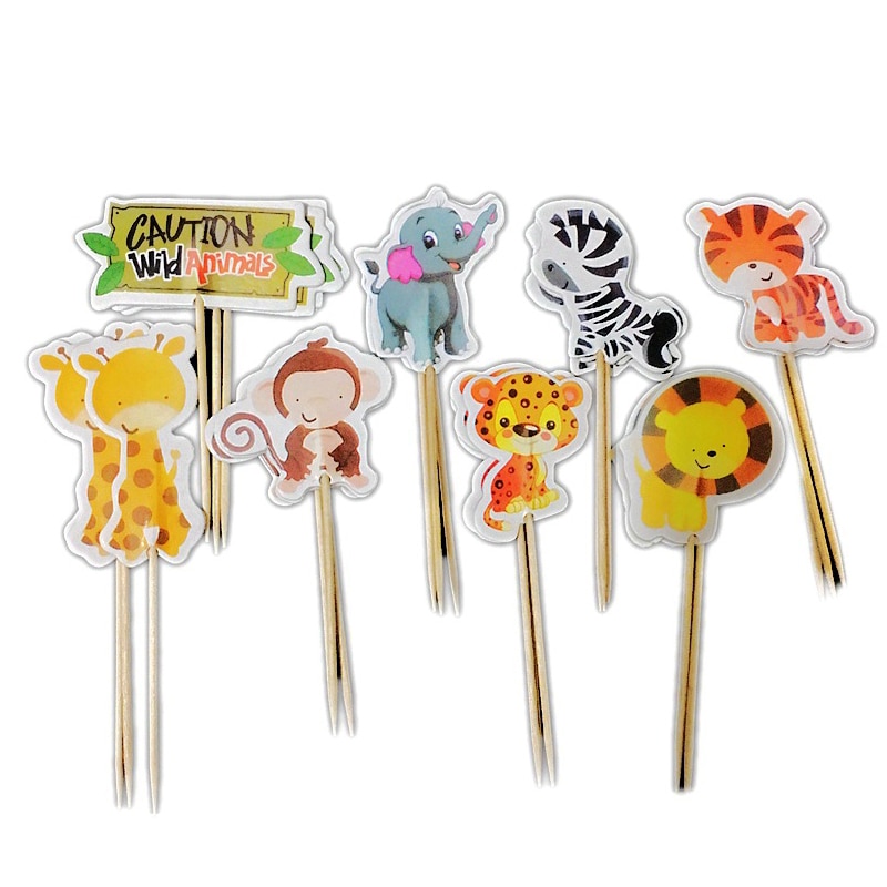 1 Set Of Cartoon Safari Jungle Animal Cupcake Insert Card Stick Party Toothpick Stick Flag Kids Baby Shower Cake Decoration