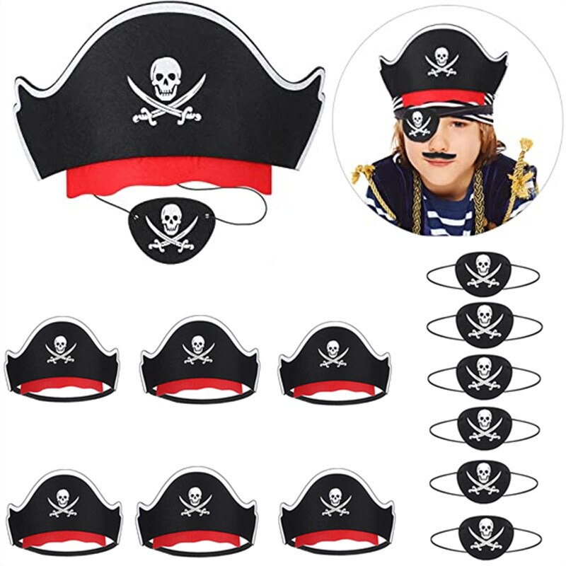 12Pc Pirate Eye Patches Felt Skeleton One-eyed Patch hat Halloween Captain Pirate Costume Cosplay Kids Birthday Party Decoration