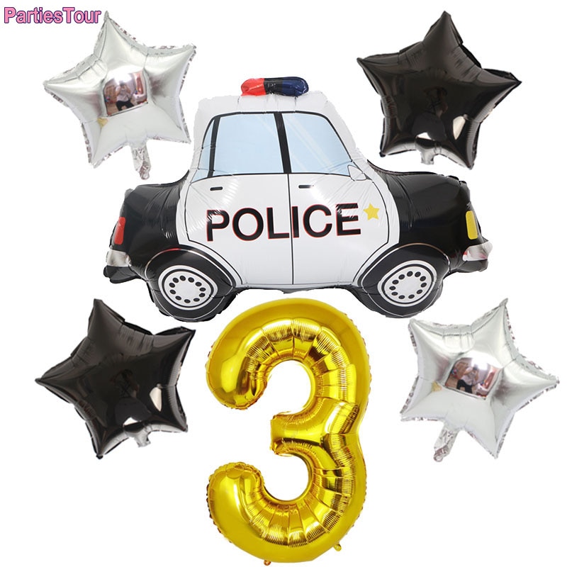 6pcs Police Balloon Five-pointed star 32inch Gold Number Foil Ballon 1 - 9th Birthday Party Balloon Car Aluminum Film car Ballon