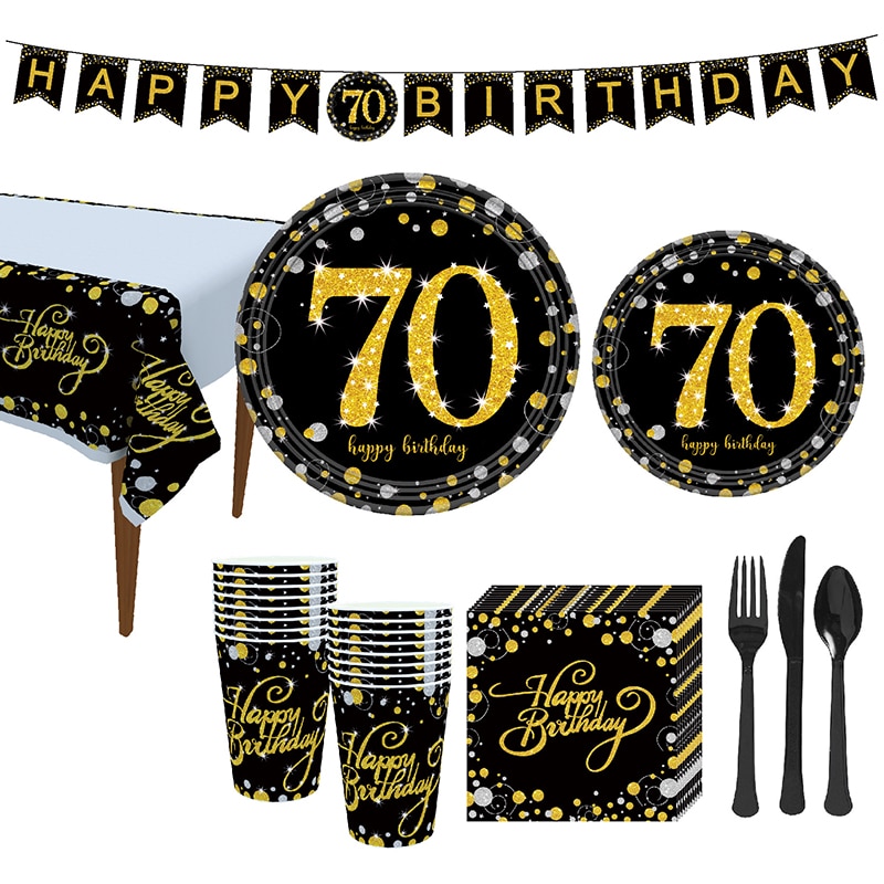 70 Year Old Adult Birthday Party Disposable Tableware Black Gold Paper Plates Cup Tablecloths Wedding Anniversary Decor Supplies