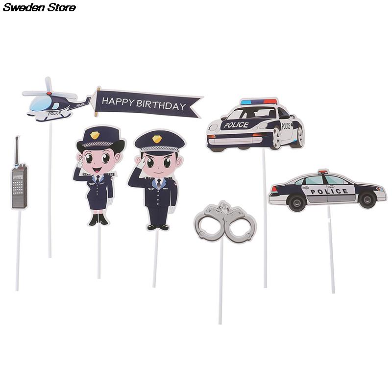 7Pcs Police Cake Toppers Policewoman Male Policeman Plane Handcuffs Call Machine Decoration Happy Birthday Party Kids Boy Girl