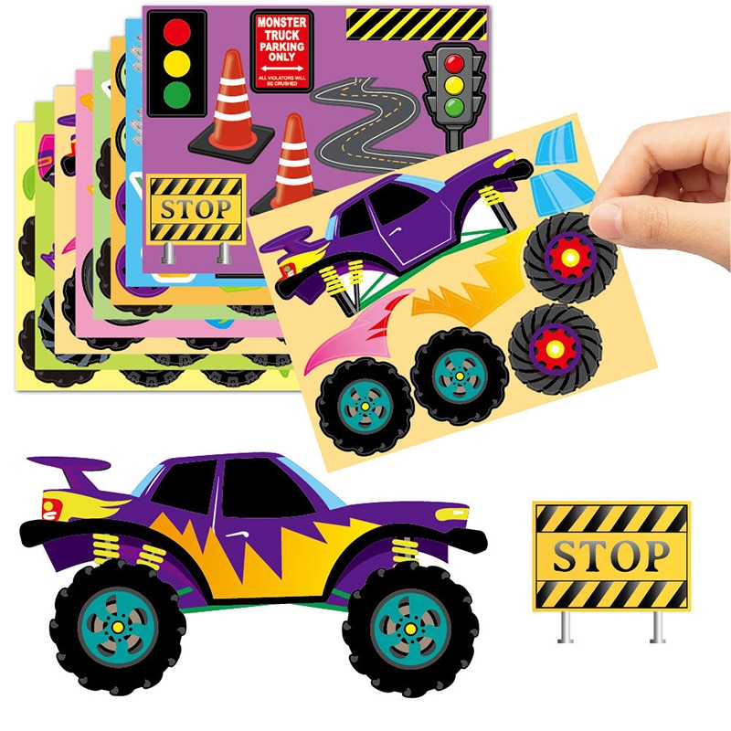 8/16 Sheets Truck Stickers Kits Make Your Own Truck Party Favors for Kids Boy's Kindergarten Festival Present DIY Sticker Games