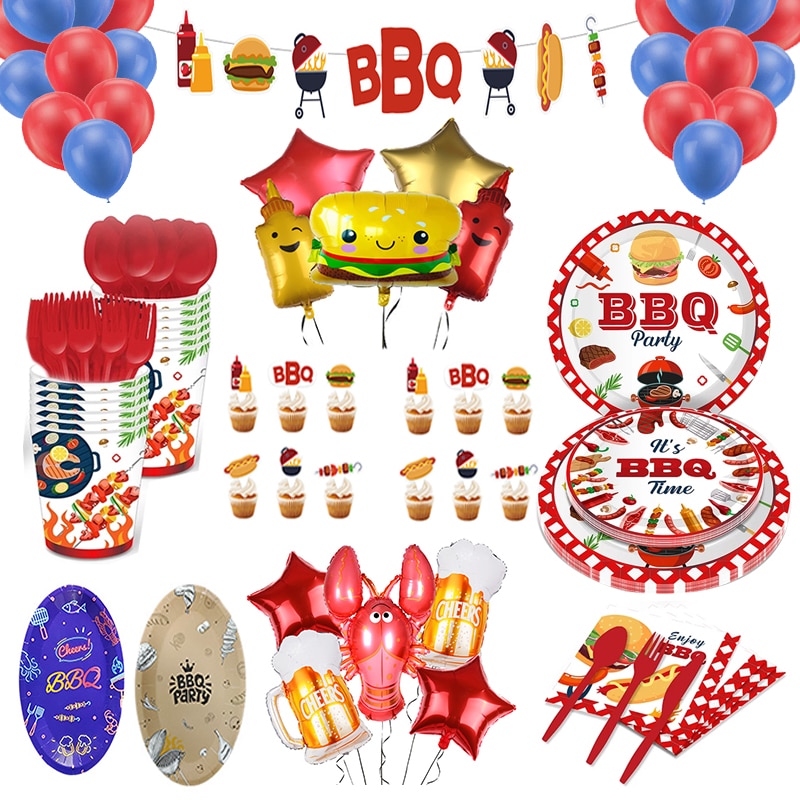 BBQ Theme Party Disposable Tableware Paper Plates Cups Balloons set Birthday Decoration Beer lobster Outdoor Barbecue Supplies