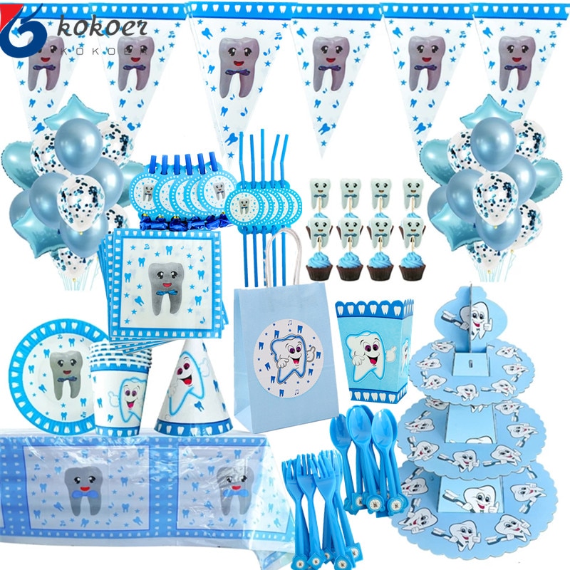 Blue Teeth Paper Napkins Plates Cups Straws Hats cakestand Balloons Boy's Birthday Party Decorations Baby Shower Party Supplies