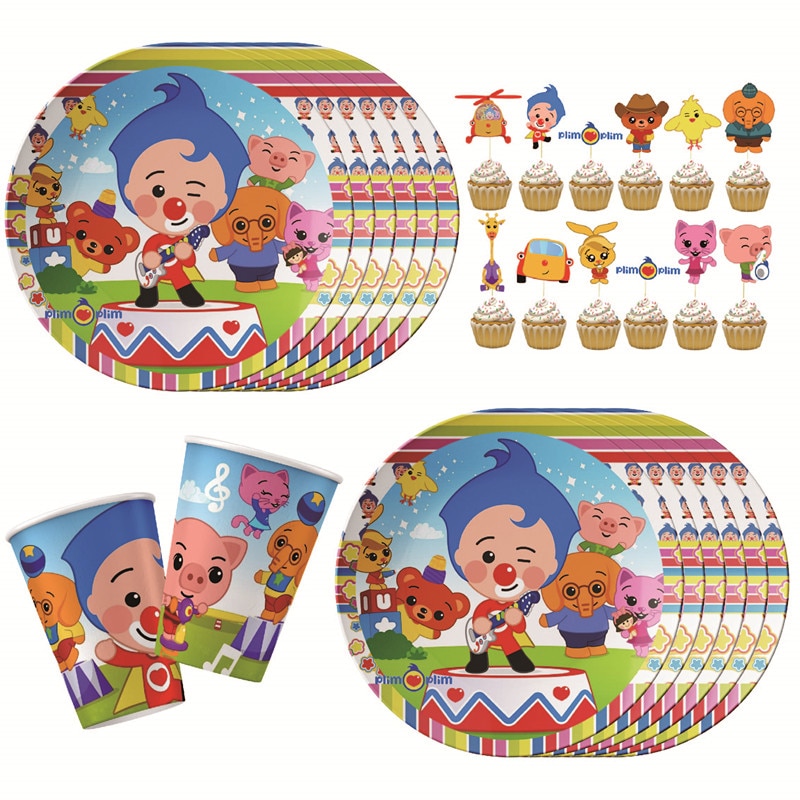 Cartoon Plim Theme Childern Birthday Party Plim Disposable Tableware Paper Cup Plate Background Decoration Supplies Kid Gift Set