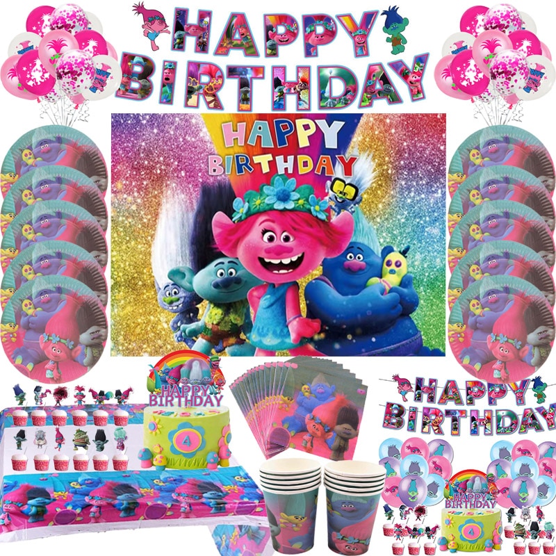 Cartoon Trolls Theme Kids Birthday Party Supplies Disposable Tableware Plate Napkin Straw Banner Baby Shower Party Decorations