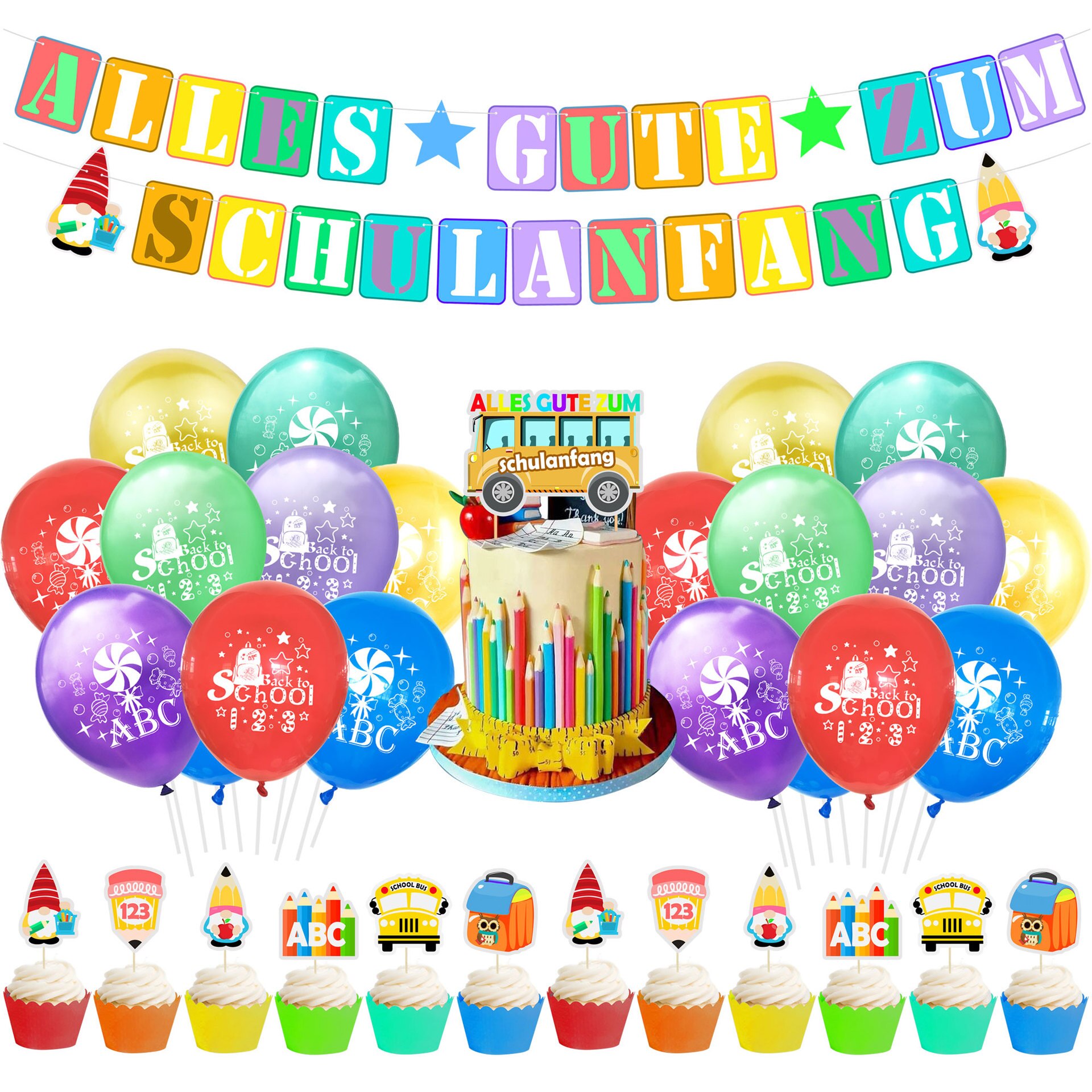 Celebration School Party Decor Set Party Banner Cake Topper Cupcake Topper Balloons Alles Gute Zum Schulanfang