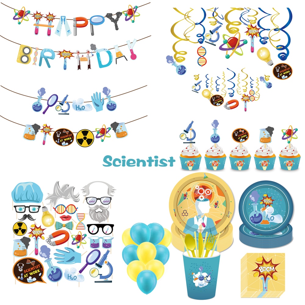 Cosplay Scientist Laboratory Science Baby Shower Party Disposable Tableware Sets Banner Backdrops Birthday Party Decorations