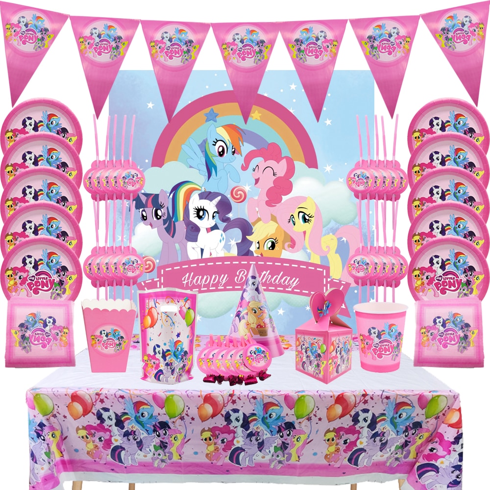 Customizable Cartoon Little Pony Birthday Party Decoration Pony Balloons Disposable Tableware Sets For Kid Girl Party Supplies