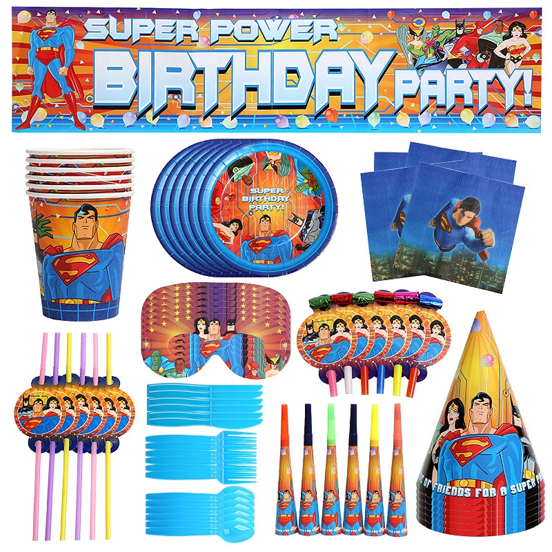DC Superman Party Supplies Set Box Napkins Plates Tablecloth Cups Knives Forks Spoons Superhero Birthday Party Decoration Kids