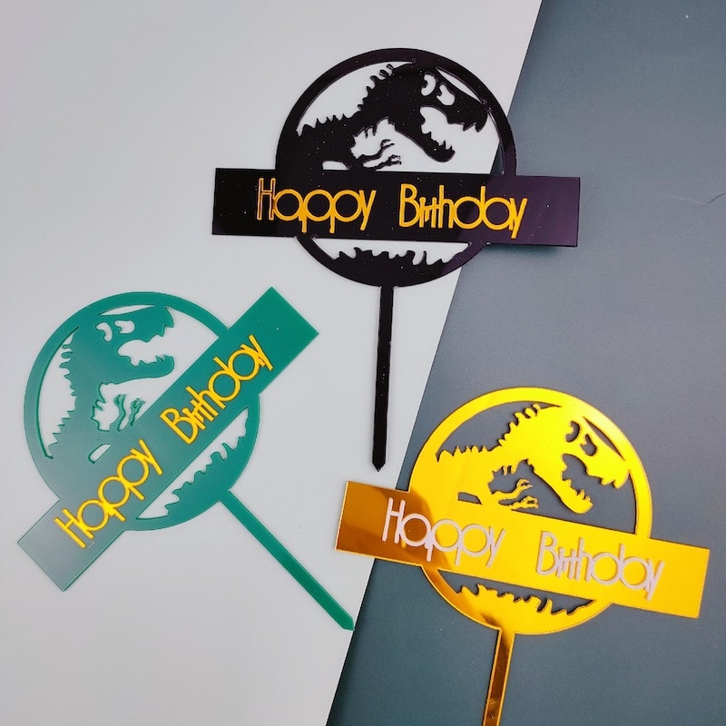 Dinosaur Theme Cake Topper Acrylic Golden Happy Birthday Cake flags High-end birthday Cupcake Toppers Kids Party Cake Decoration