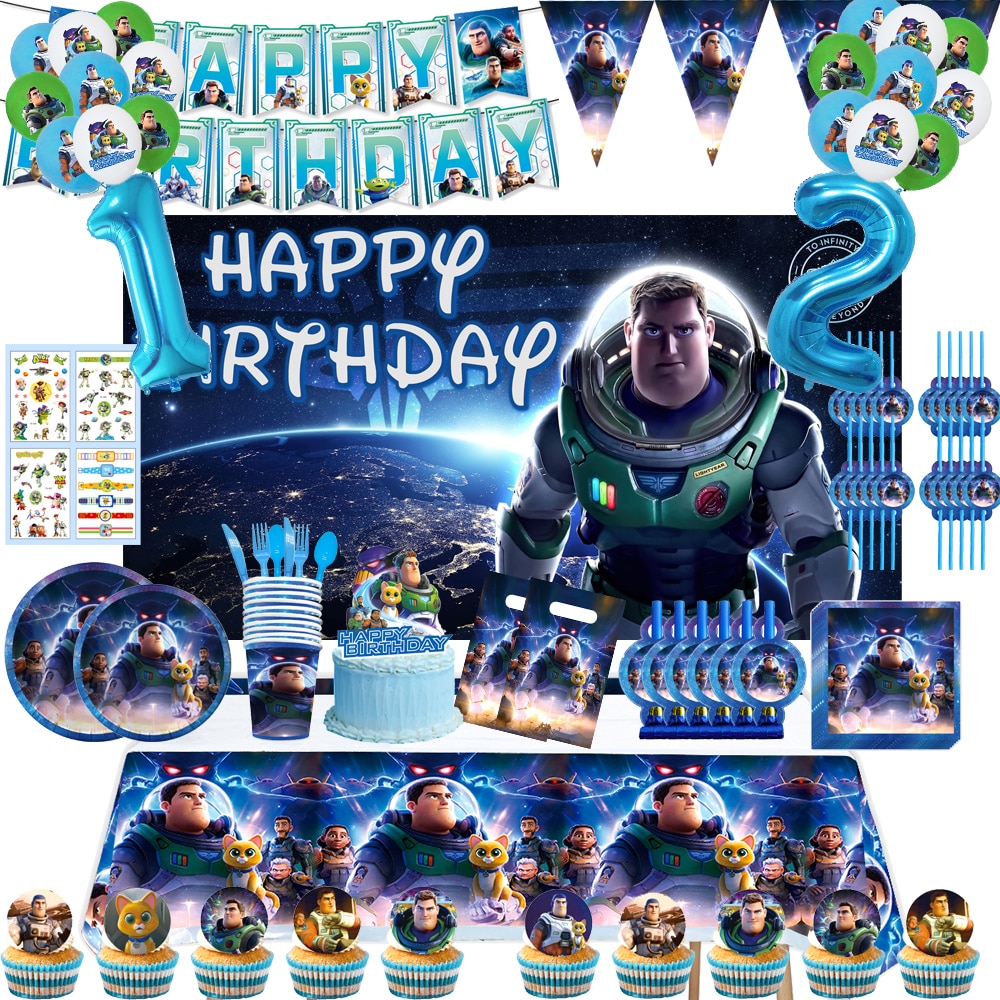 Disney Buzz Lightyear Birthday Party Supplies Disposable Tableware Boys Dinner Dessert Plates Napkins Cups Bags Home Decorations