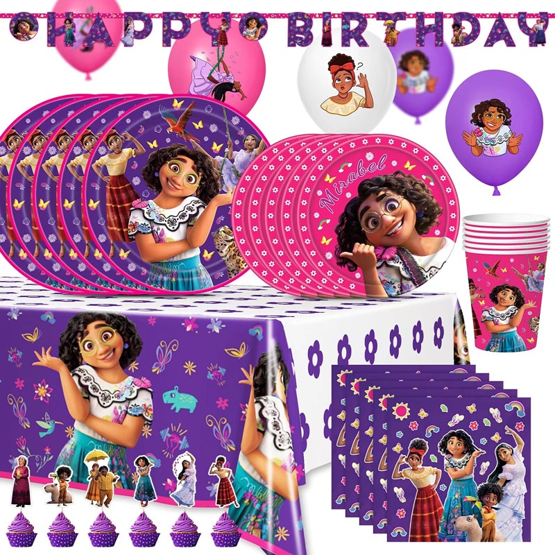 Disney Encanto Party Birthday Decor Charm Mirabel Movie Balloon Napkin Tablecloth Plate Cup Pull Flag Kids Girl Party Supplies