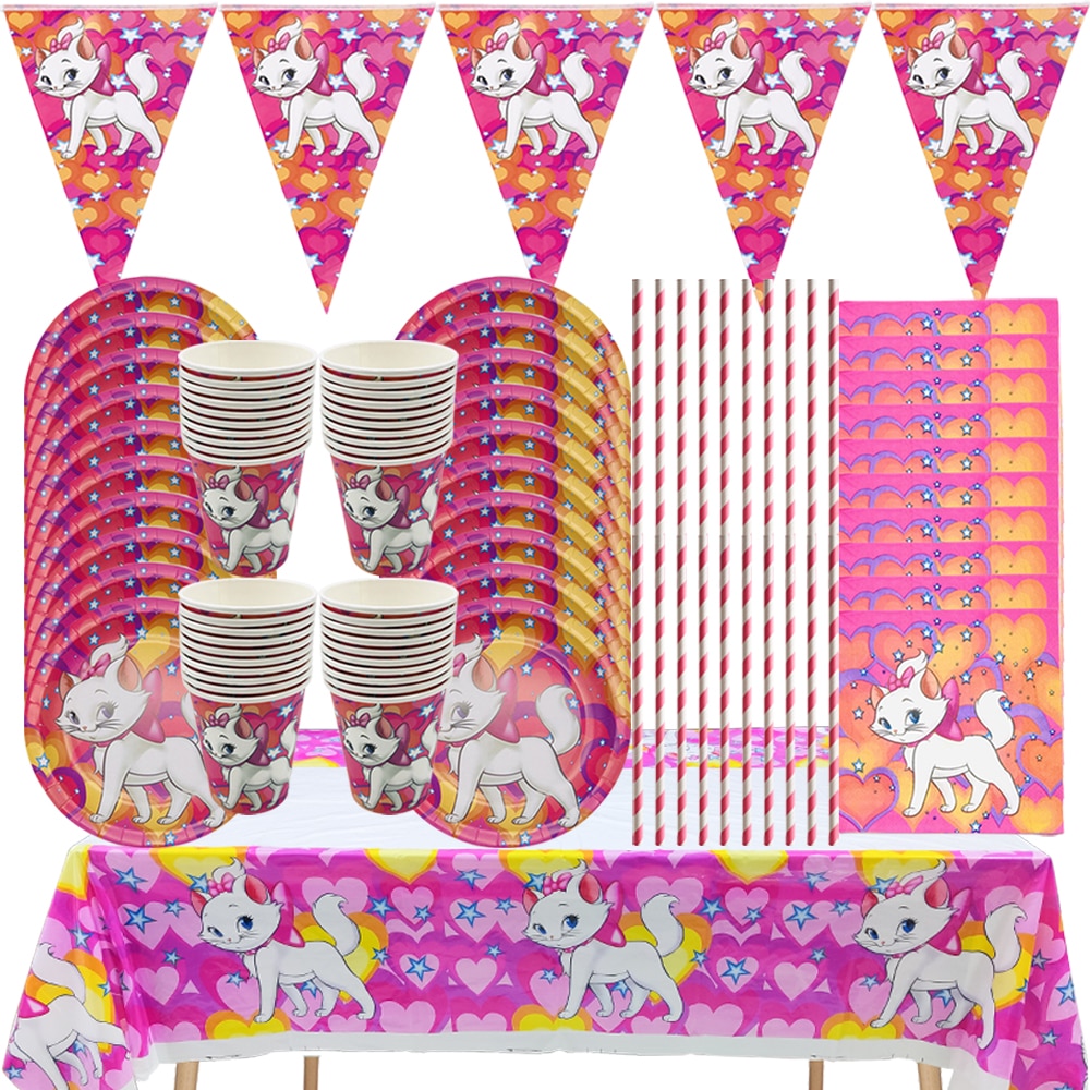 Disney Marie Cat Paper Cup Plate Banner The Aristocats Pink Cat Girls Birthday Party Wedding Baby Shower Decorations Supplies