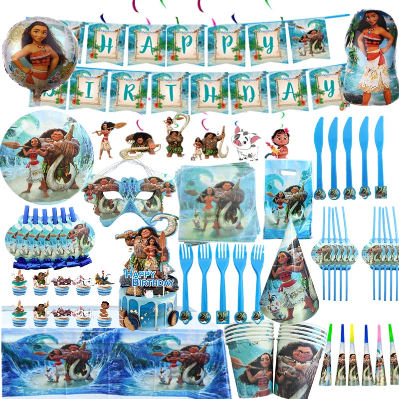 Disney Moana Party Tableware Cup Straw Plate Napkins Candy Box Banner Flags ballon Kid's Birthday Party Decorations Supplies