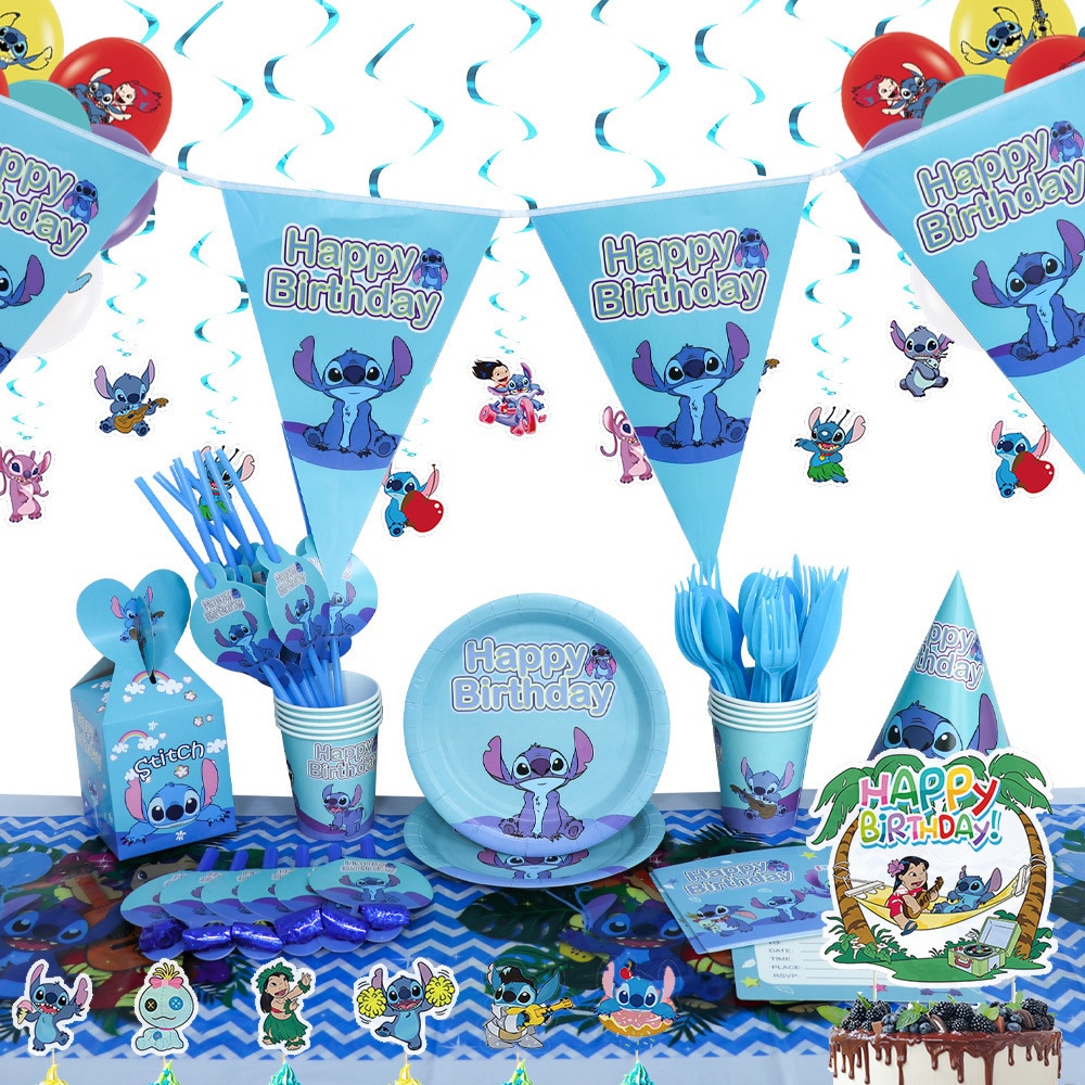 Disney Stitch Theme Party Supplies Disposable Tableware Paper Cups Plates Napkins Banner Kids Birthday Party Decor Baby Shower