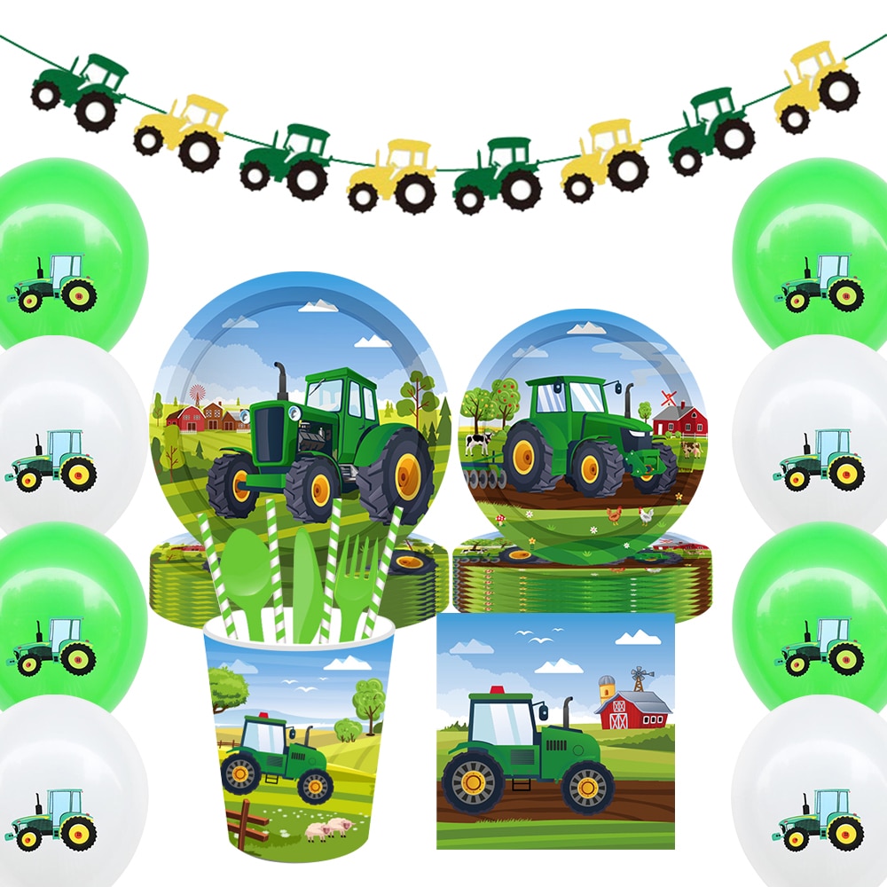 Farm Tractor Themed Disposable Tableware Happy Birthday Tractor Banners for Boy’s Farm Tractor Birthday Party Decoration Supply