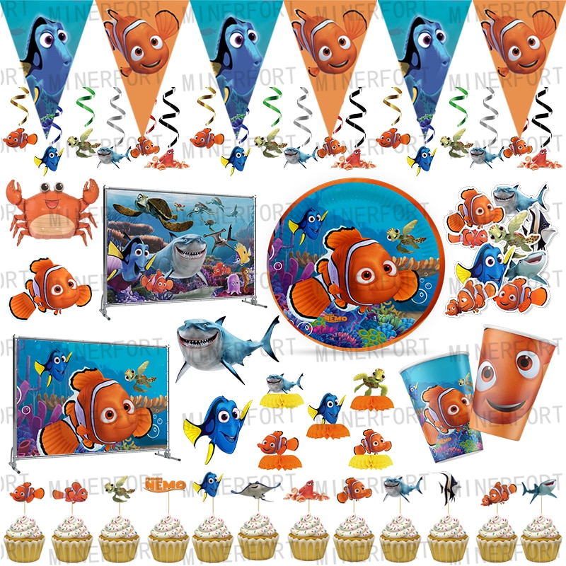 Finding Nemo Theme Birthday Party Decorations Cake Topper Balloons Happy Birthday Swirls Stickers Kids Party Supplies Decor