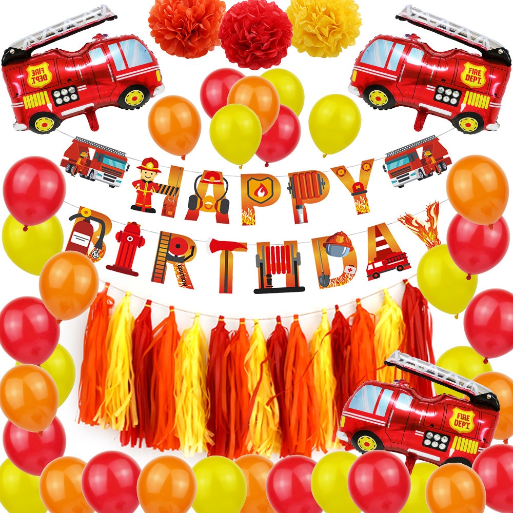 Fire Truck Latex Balloon Construction Vehicle Helium Ballon Kids Birthday Decoration Air Globos Fireman Theme Party Supplies