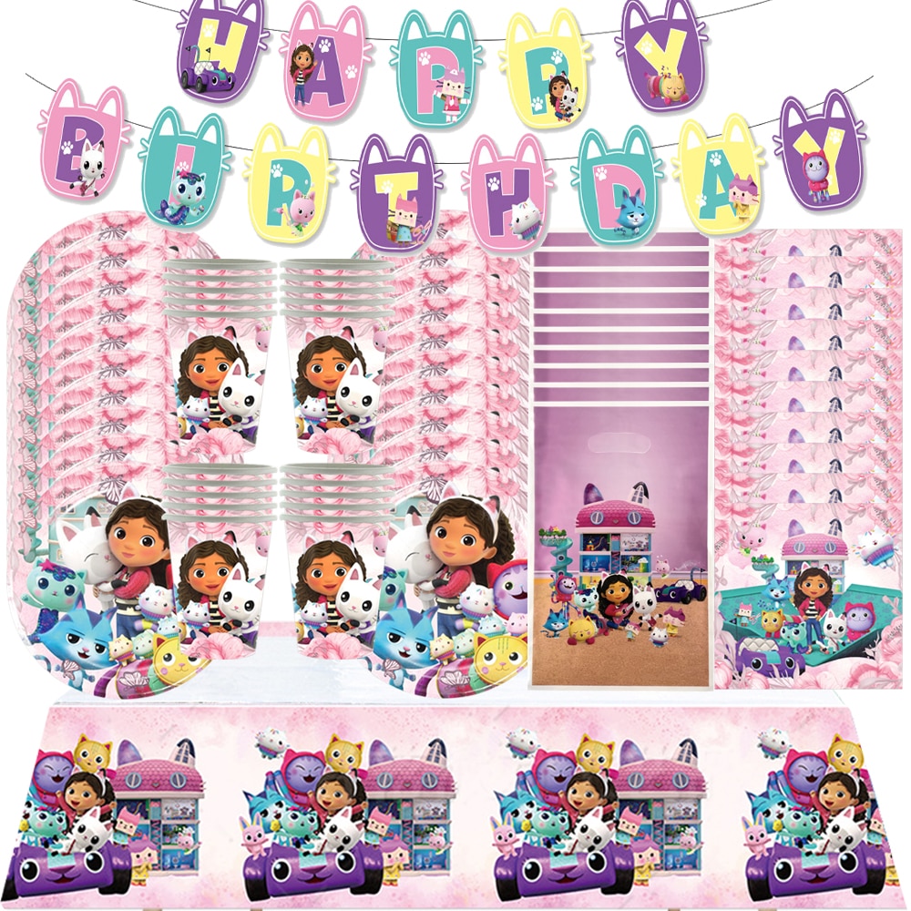 Gabby Dollhouse Girls Birthday Party Decorations Cutlery Set Cups Plates Birthday Balloon Baby Shower Gifts Doll house Supplies