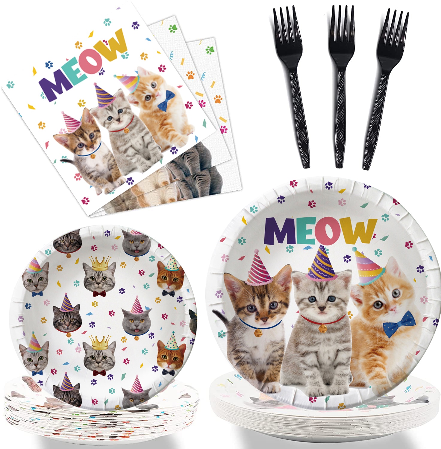 Kitten Party Supplies Set Paper Plates Cups Luncheon Napkins Cat Birthday Party Decorations Paw Cat Kids Disposable Tablewares