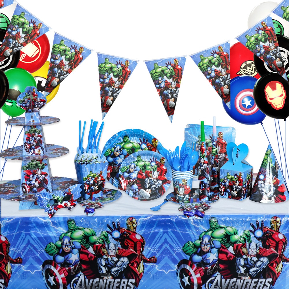 Marvel Avengers Theme Party Decoration Disposable Tableware Paper Cups Plates Banner Balloons For Kids Birthday Party Supplies
