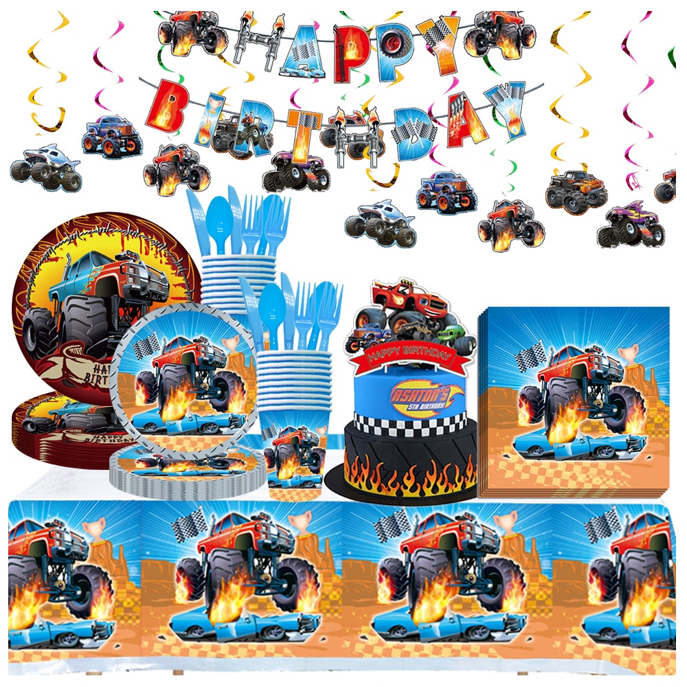Monster Machines Anime Truck Theme Disposable Tableware Paper Plate Cup Napkin Balloon Children Boys Girls Birthday Decoration