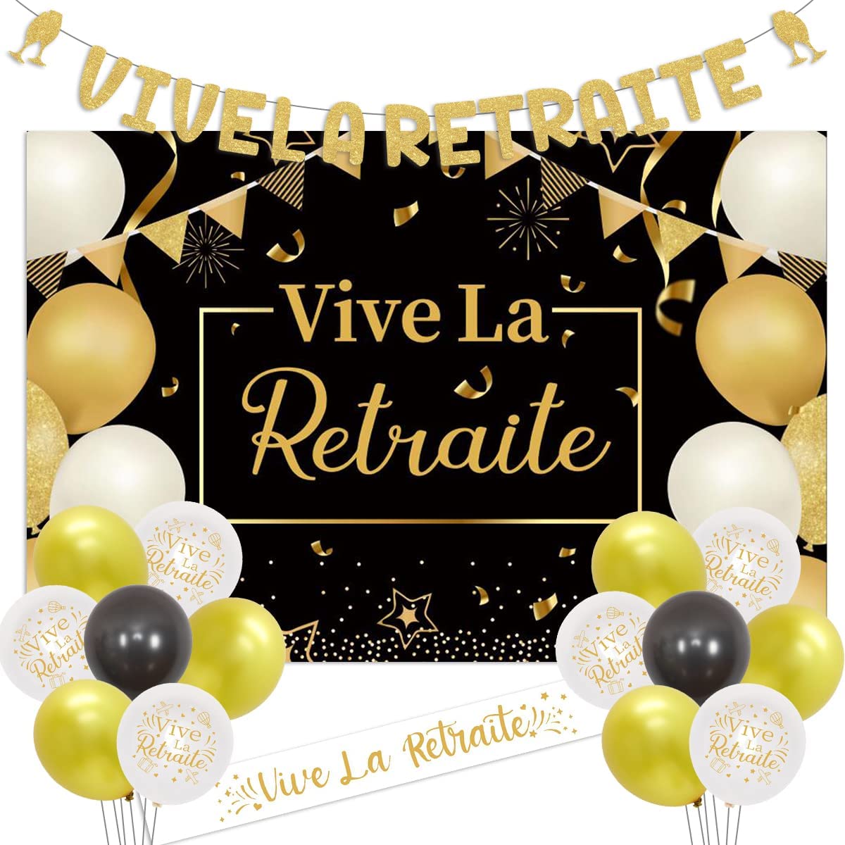 Retirement Party Decorations Vive La Retraite Banner and Satin Sash Black Gold Backdrop for Men Women Happy Retirement Supplies