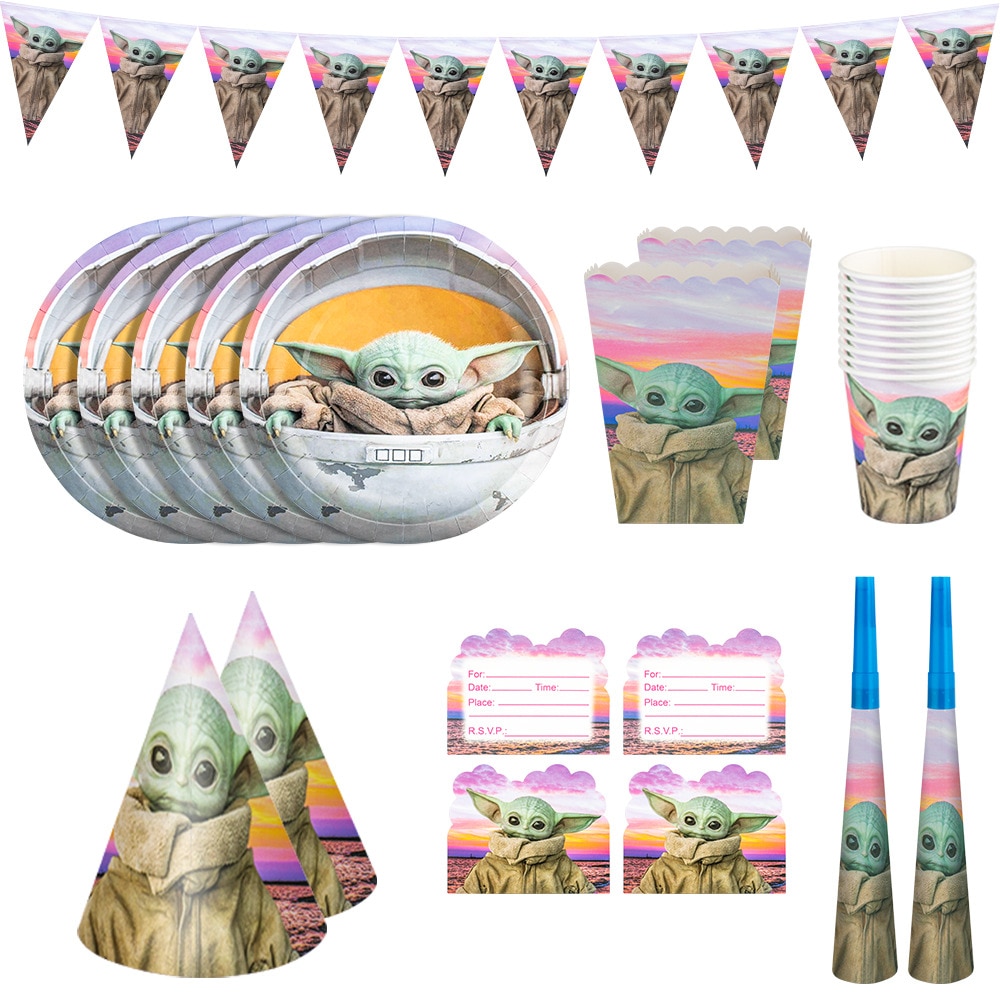 Theme Happy Birthday Party Decorations Mandalorian Yoda Baby Balloon Disposable Tableware Cups Flags Baby Shower Party Supplies