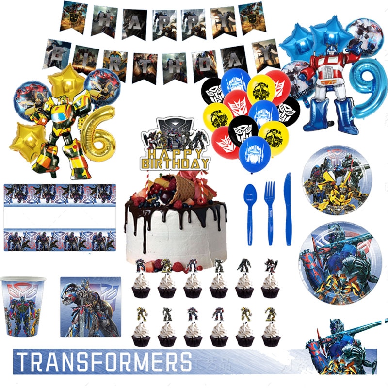 Transformers Kids Party Supplies Optimus Prime Bumblebee Robot Birthday Decoration Number Balloon Banner Disposable Plates Cups