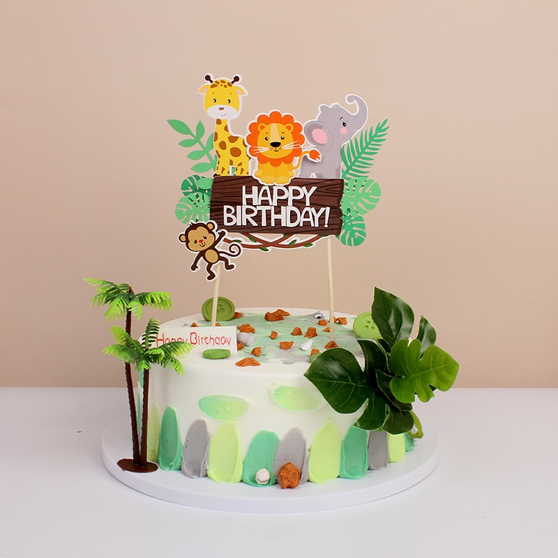 Wild Amimals Cake Topper Safari Jungle Animal Cake Flag Palm Leaves Boy Girl Birthday Party Decoration Kid Forest Party Supplies